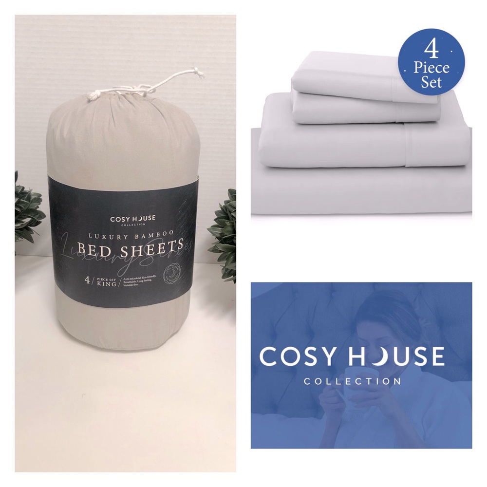 Cosy House Luxury Bamboo KING Sheet Set Silver Hypoallergenic Microbial New